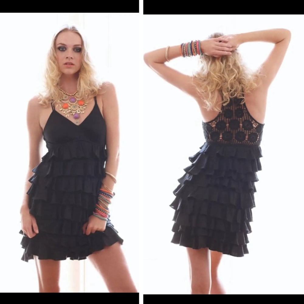 Holly Morgan black silk crochet tiered ruffle flirty boho brunch sun dress S